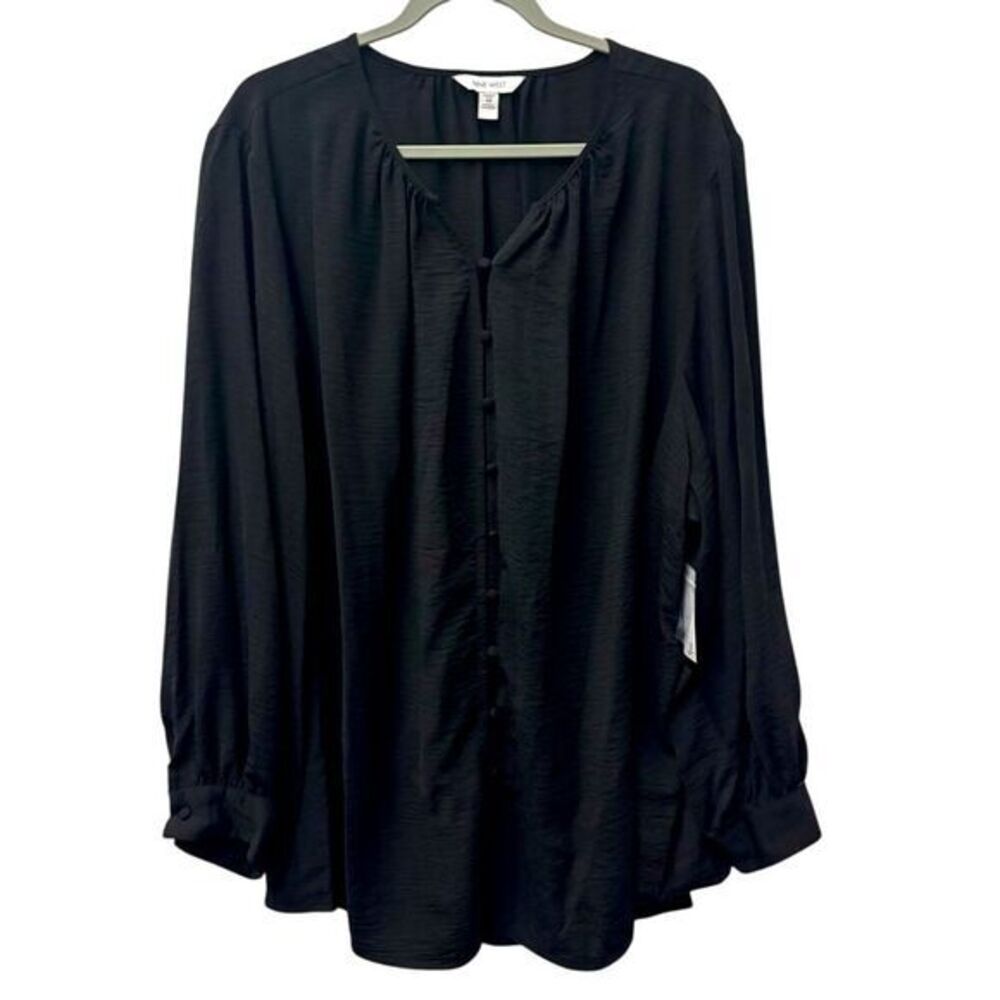 NWT Nine West 4X Button Front Baloon Sleeve Black‎ Tunic Blouse/shirt/top l/s